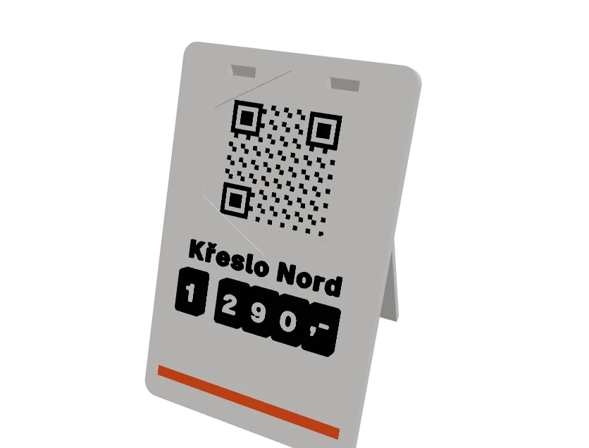 3D tištěný stojánek s QR kódem a názvem produktu