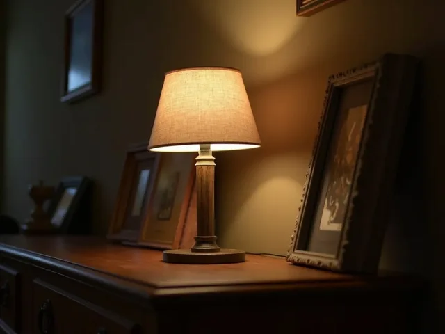 Stolní lampa vyfocená mobilem na komodě